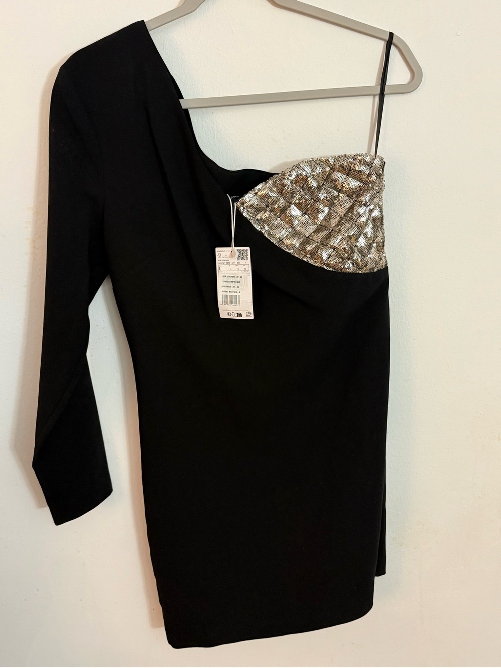 Mango Black One-Shoulder Dress with Silver Sequin Bust